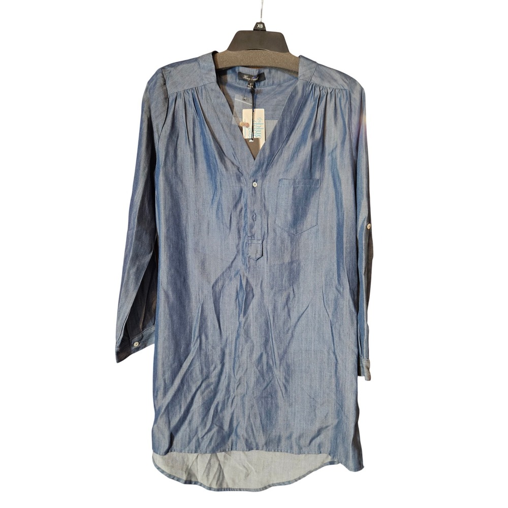 Honey Punch Blue Chambray Tunic Top Roll Tab Sleeve Small NWT